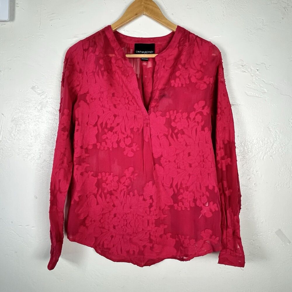 Cynthia Rowley Sheer Floral Burnout Blouse XS Berry Red Silk Blend Long Sleeve - Picture 2 of 13